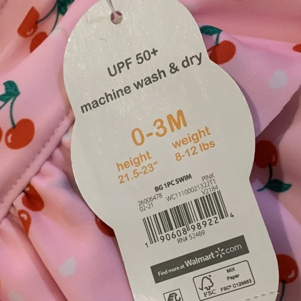 Wonder Nation Baby Girl Cherry One Piece Swimsuit 0-3 Months New with Tags Pink